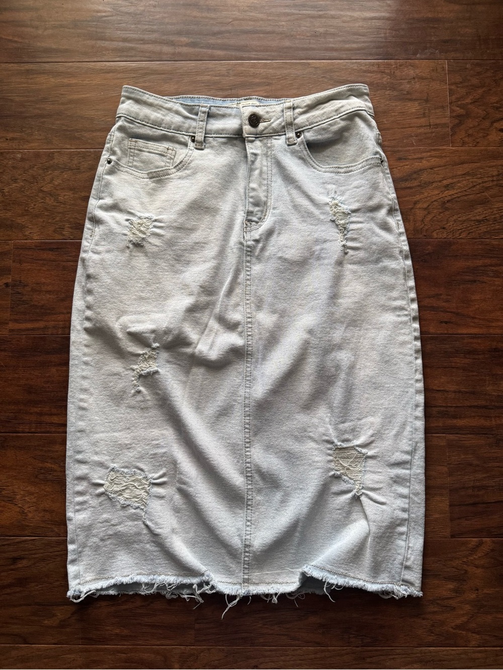Distressed Bleach Washed Denim Pencil Skirt - Women